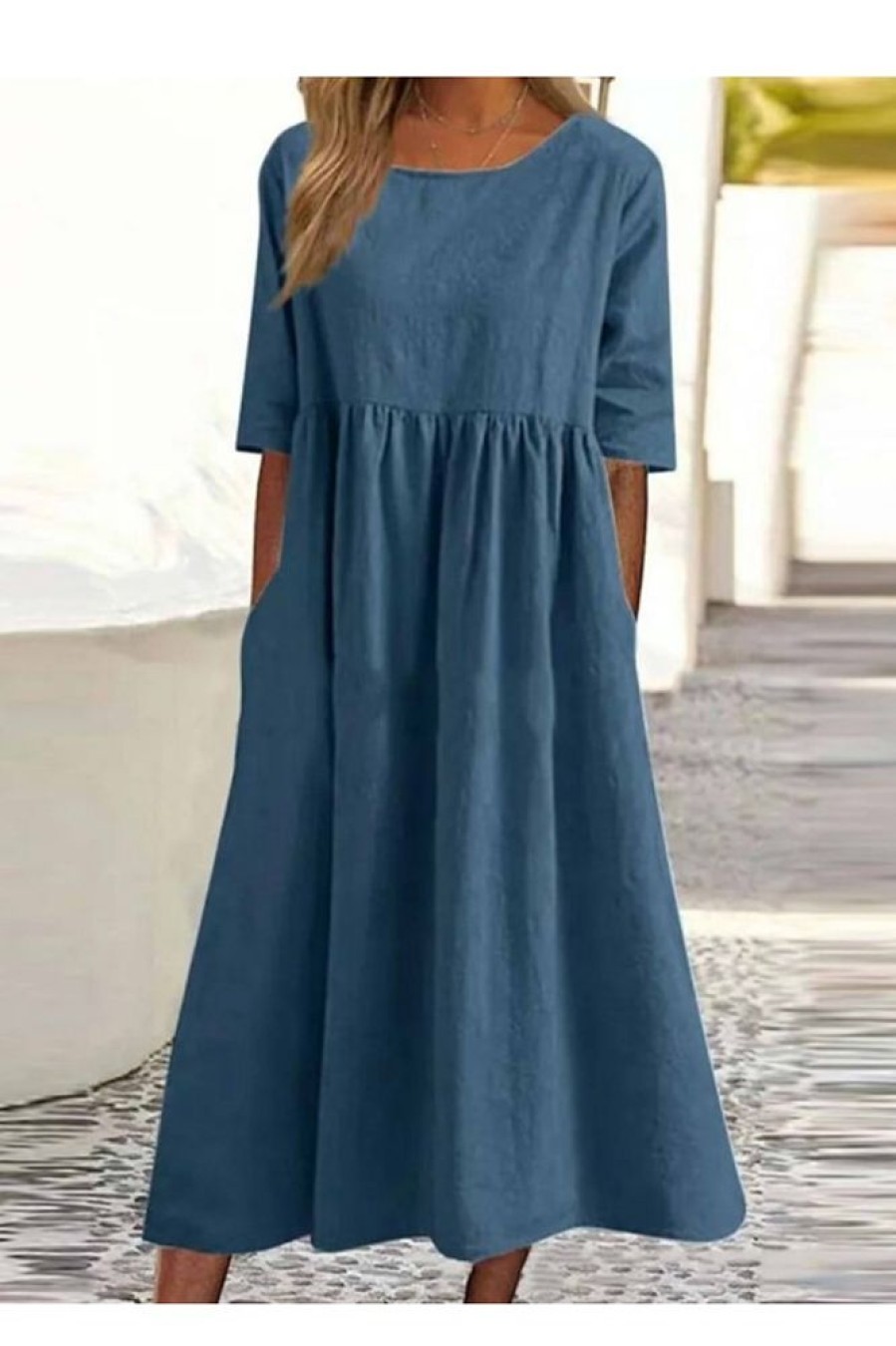 Clothing Azzlee Midi Dresses | Round Neck Half Sleeve Cotton Loose Fit Midi Dress Blue