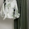 Clothing Azzlee | Women'S Floral Print Cotton And Linen Casual Twopiece Set Green