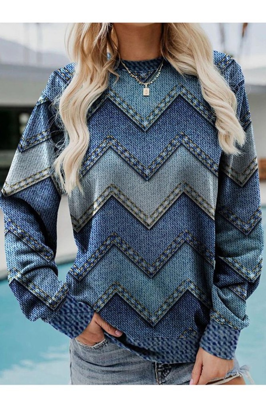 Clothing Azzlee Sweatshirt & Hoodies | Casual Tops Round Neck Long Sleeve Geometric Printed Sweatshirts Blue