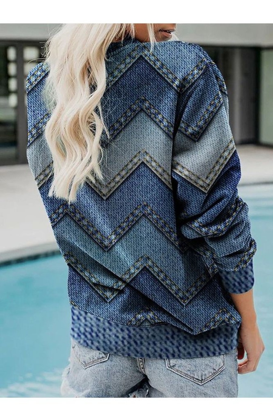 Clothing Azzlee Sweatshirt & Hoodies | Casual Tops Round Neck Long Sleeve Geometric Printed Sweatshirts Blue