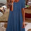 Clothing Azzlee Midi Dresses | Round Neck Button Short Sleeve Denim Loose Fit Midi Dress Blue