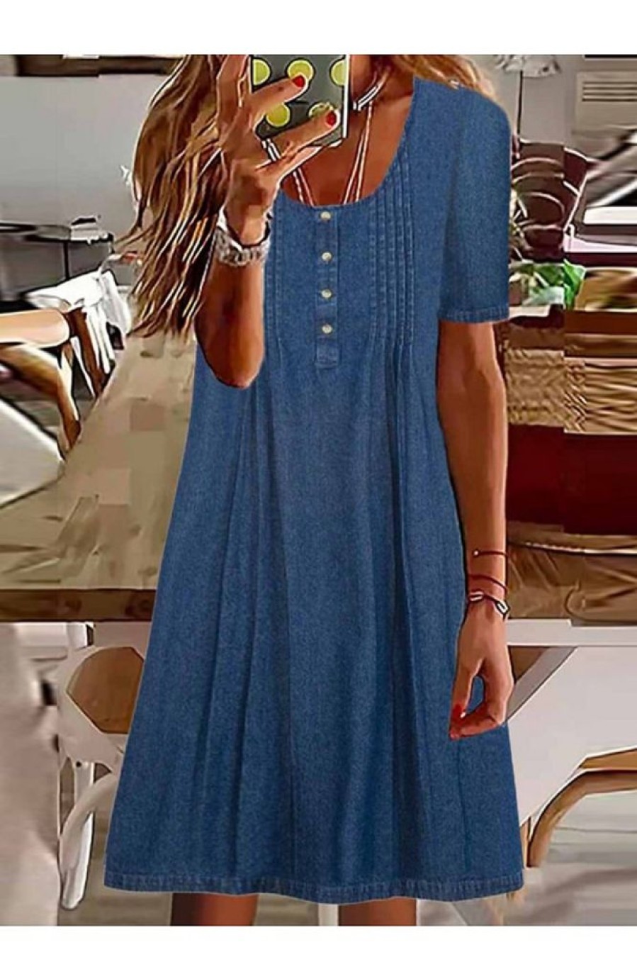 Clothing Azzlee Midi Dresses | Round Neck Button Short Sleeve Denim Loose Fit Midi Dress Blue