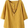 Clothing Azzlee Blouse & Shirts | Cotton Solid Buttons Casual Round Neck 3/4 Sleeve Shirt