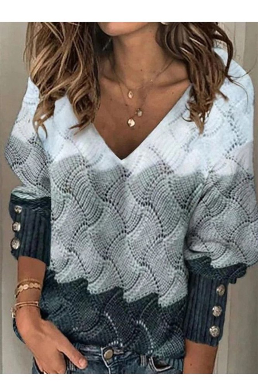 Clothing Azzlee Sweater & Cardigans | Casual Graphic Tops V-Neck Long Sleeve Patchwork Printed Sweaters Multi