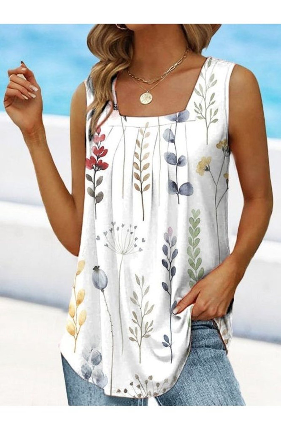 Clothing Azzlee Tanks | Color Casual Square Neck Floral Printed Sleeveless Tank