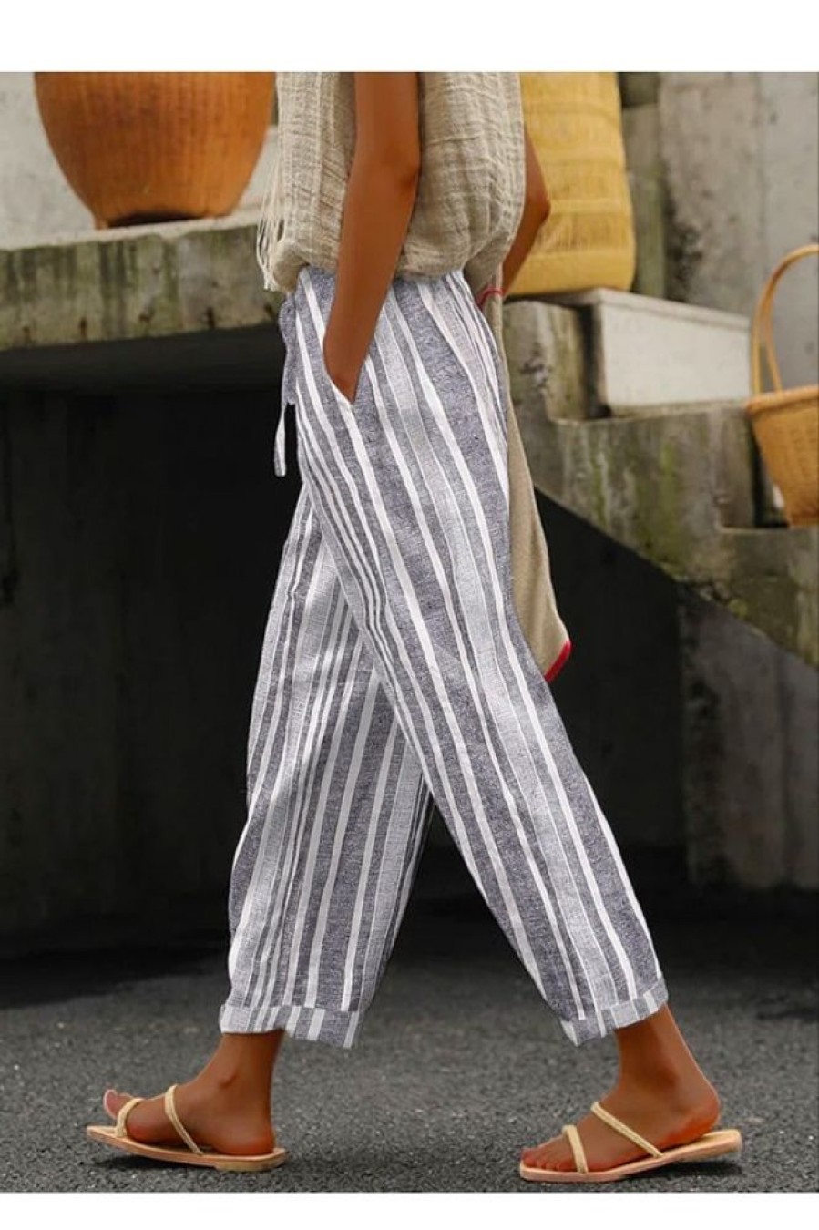 Clothing Azzlee Pants | Striped Casual Loose Pants Gray