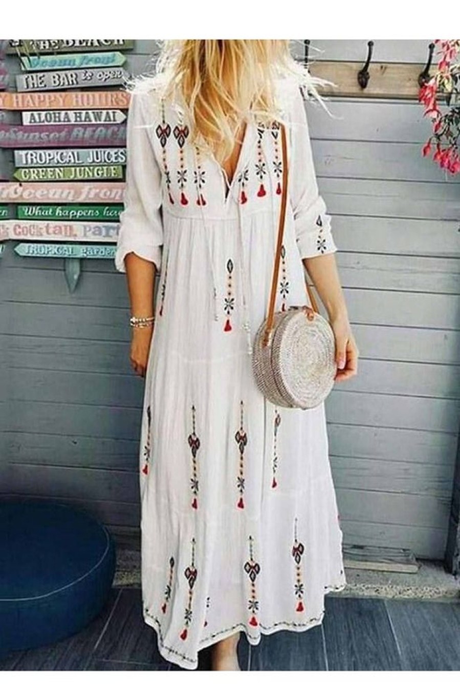 Clothing Azzlee Maxi Dresses | Casual Long Sleeve V-Neck Geometric Printed Maxi Dress