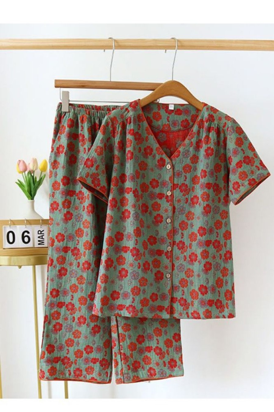 Clothing Azzlee | Plum Flower V-Neck Cotton Loungewear Set Green