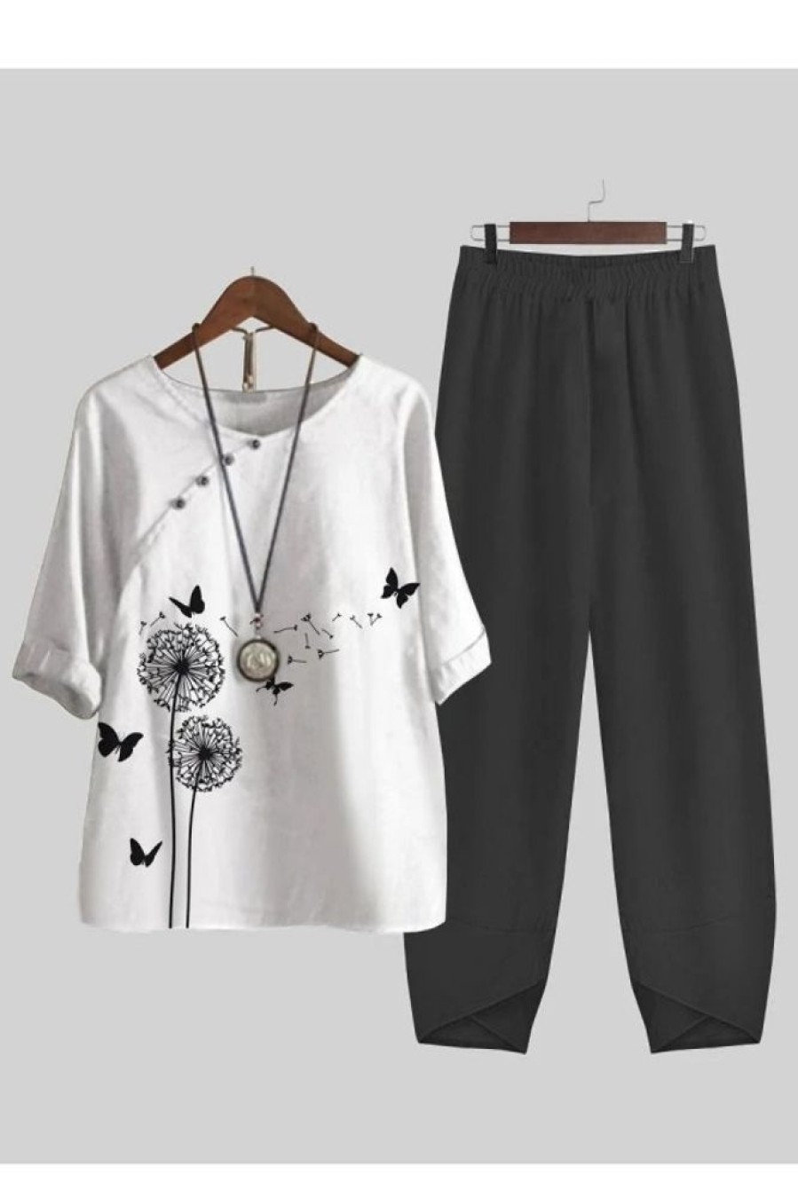 Clothing Azzlee | Casual Butterfly Printed Half Sleeve Two Piece Sets Black White