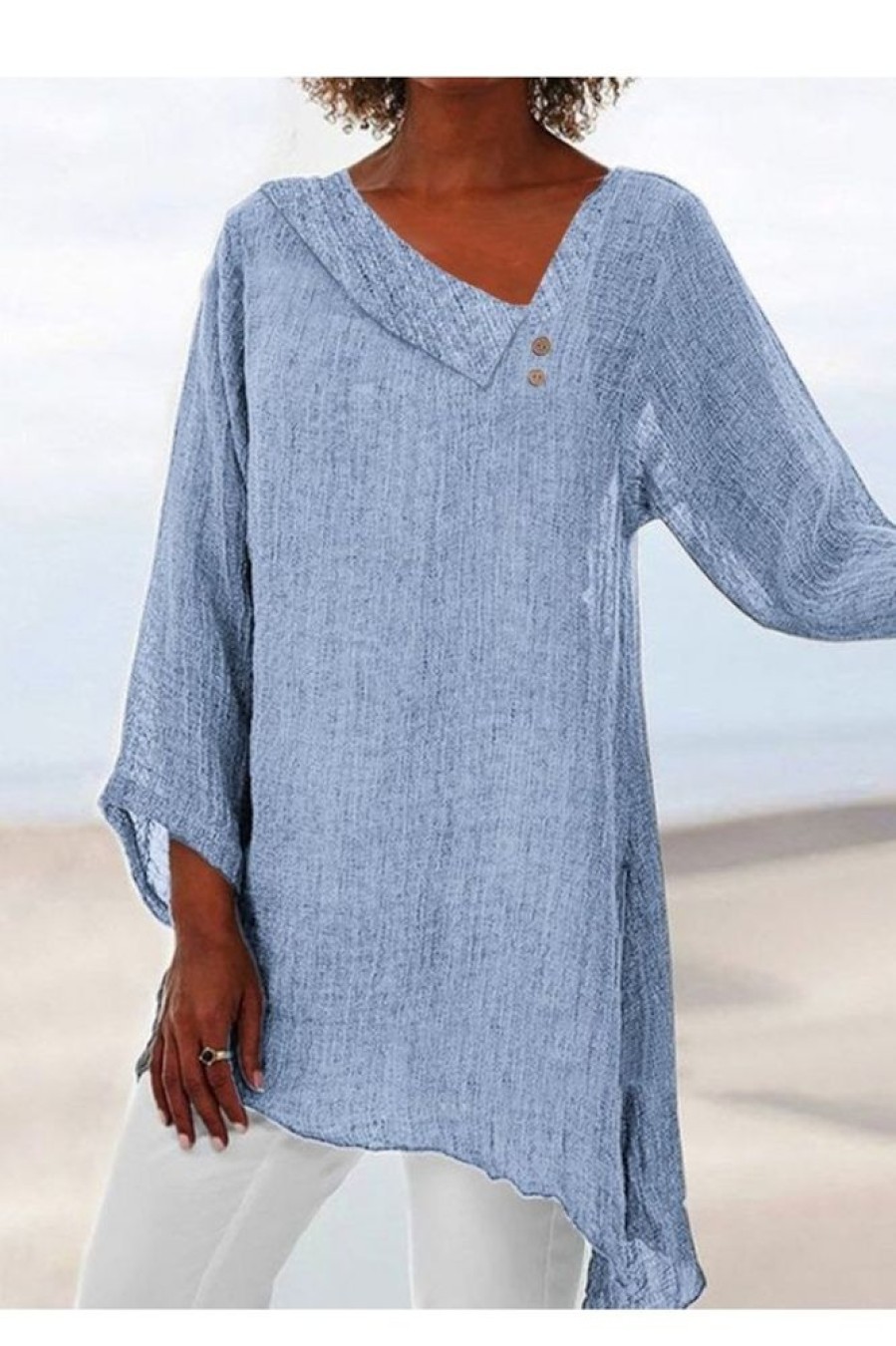 Clothing Azzlee Blouse & Shirts | Casual V Neck Solid Long Sleeve Blouse Blue