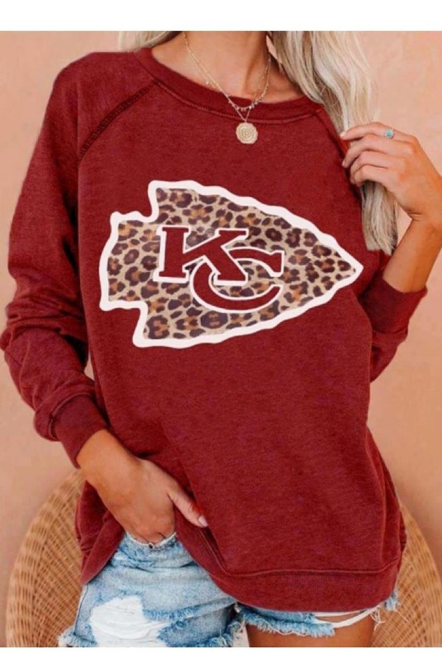 Clothing Azzlee Sweatshirt & Hoodies | Women Leopard Printed Long Sleeve Round Neck Sweatshirt Red