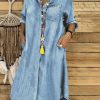 Clothing Azzlee Midi Dresses | Casual Long Sleeve Collared Midi Shirt Dress With Pocket Blue