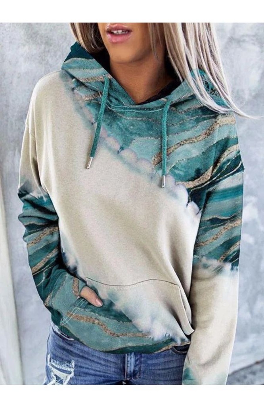 Clothing Azzlee Sweatshirt & Hoodies | Casual Tops Long Sleeve Patchwork Printed Hoodies Blue