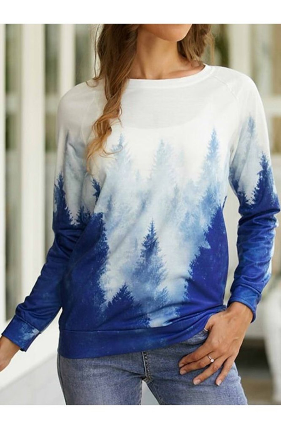 Clothing Azzlee Sweatshirt & Hoodies | Landscape Print Casual Round Neck Long Sleeve Sweatshirt White