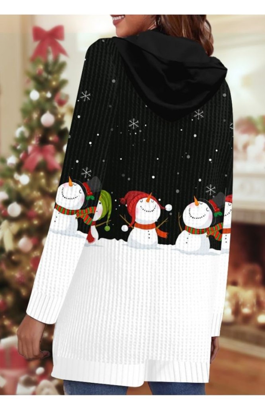 Clothing Azzlee Coats | Snowman Printed Long Sleeve Hooded Coat With Pockets Black