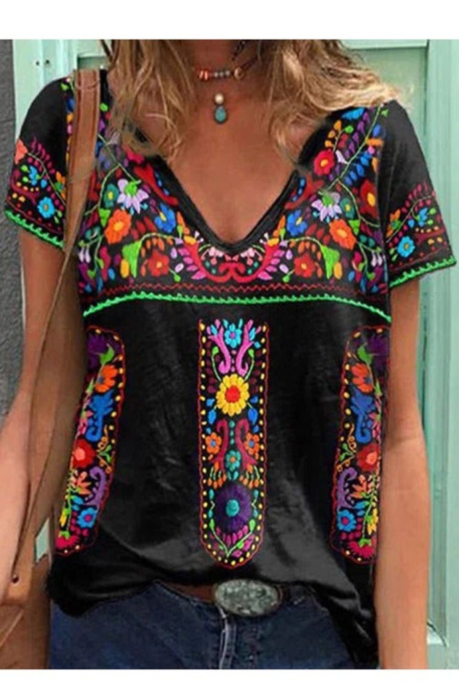 Clothing Azzlee Blouse & Shirts | Comfy Graphic Tops V-Neck Short Sleeve Floral Printed Blouse Black