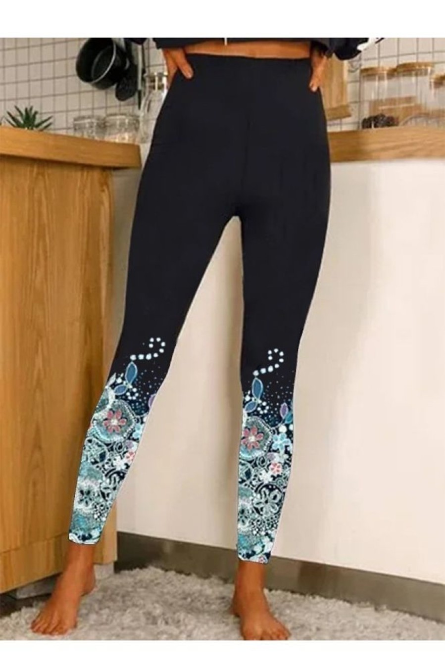 Clothing Azzlee Leggings | Floral Elastic High Waist Leggings Black