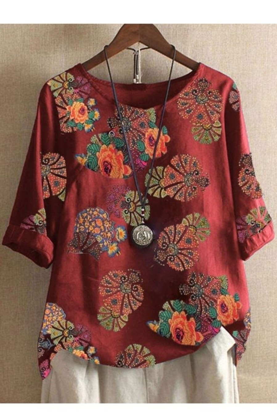 Clothing Azzlee Blouse & Shirts | Round Neck Short Sleeve Floral Printed Blouse Red