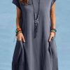 Clothing Azzlee Midi Dresses | Casual Crew Neck Short Sleeve Pocket Cotton Midi Dress Gray