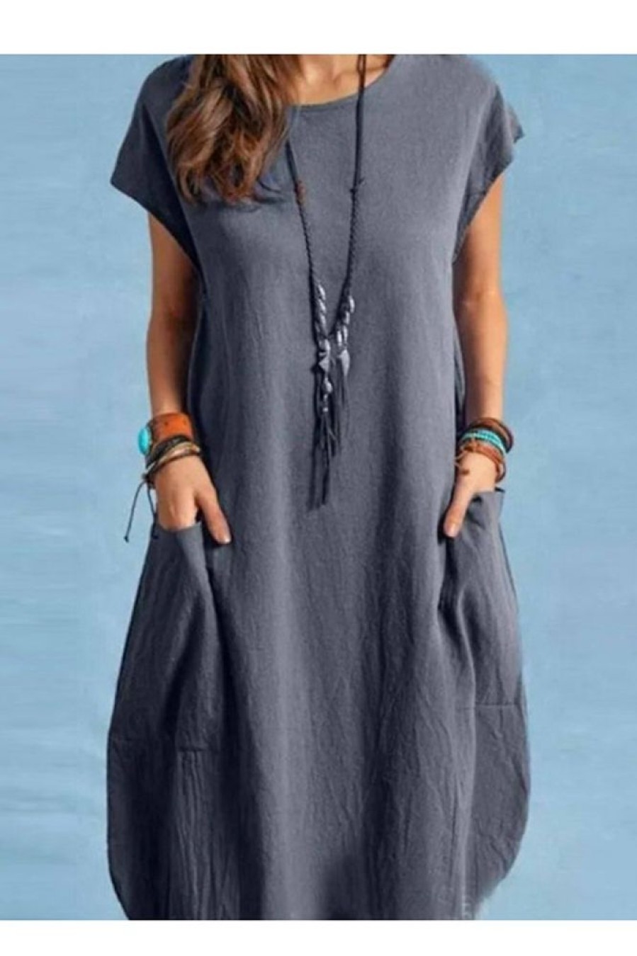 Clothing Azzlee Midi Dresses | Casual Crew Neck Short Sleeve Pocket Cotton Midi Dress Gray