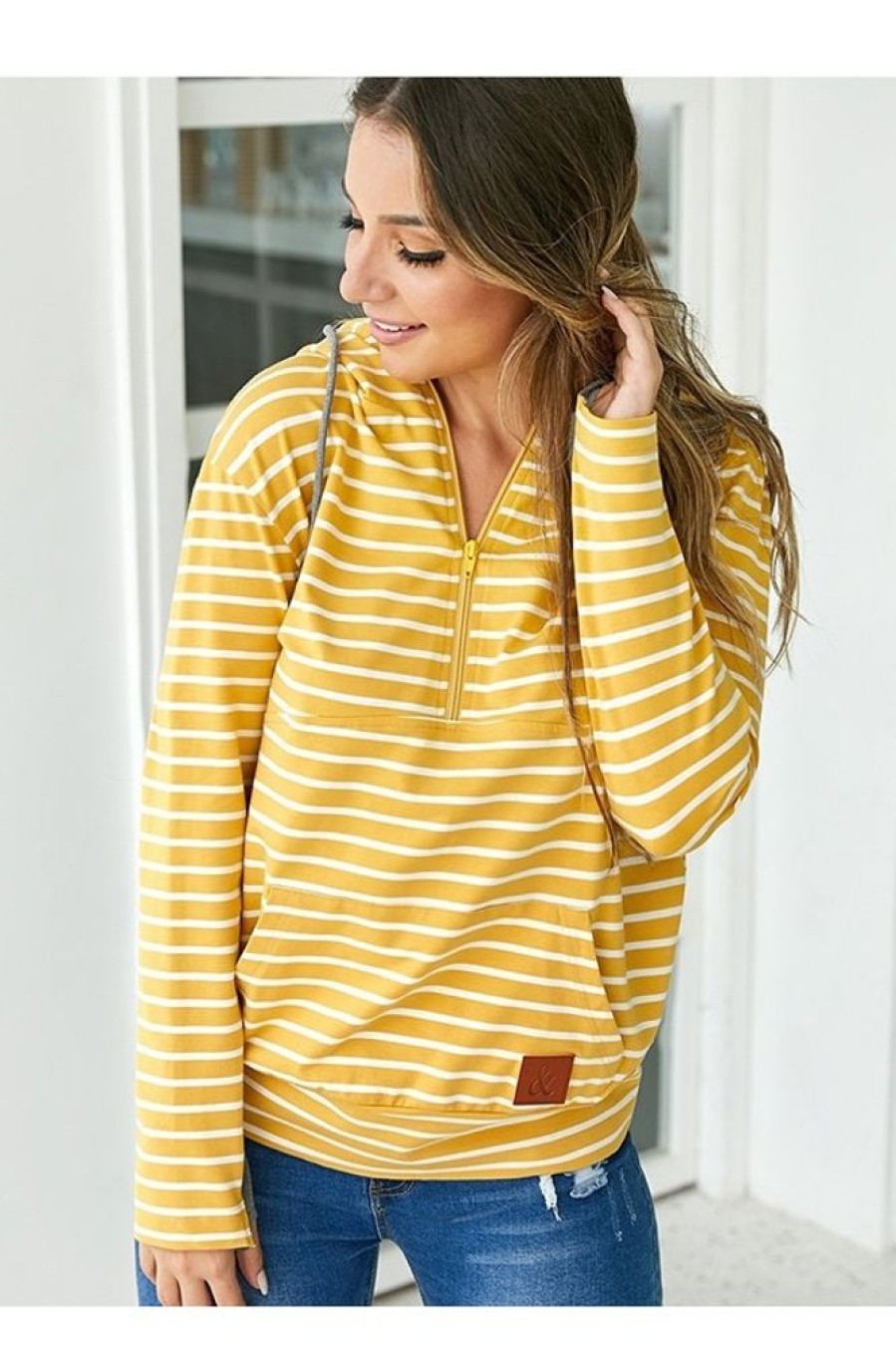 Clothing Azzlee Sweatshirt & Hoodies | Stripe Half Zip Hoodie Sweatshirt Mustard