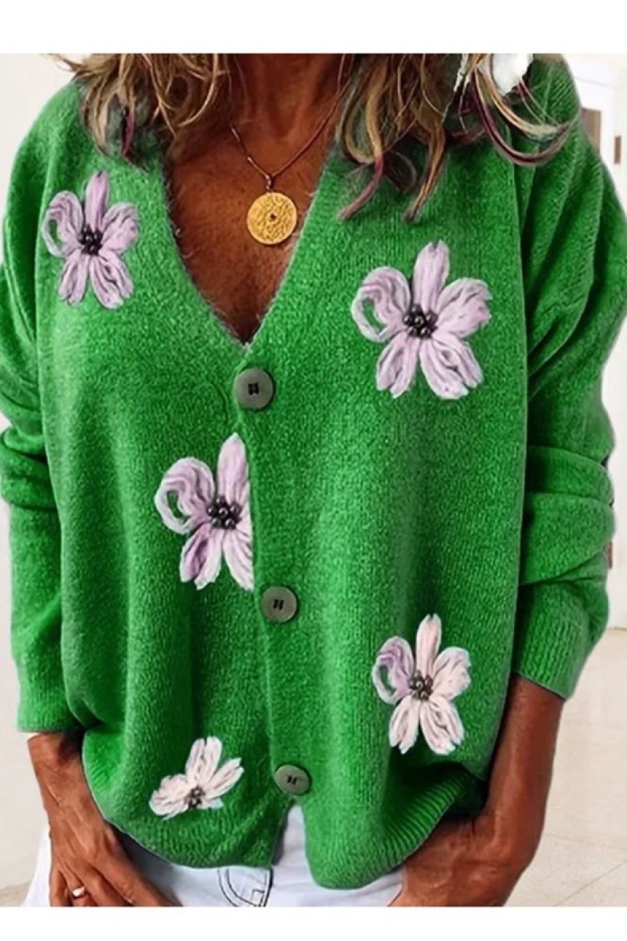 Clothing Azzlee Sweater & Cardigans | Women Floral Casual Cardigan Green