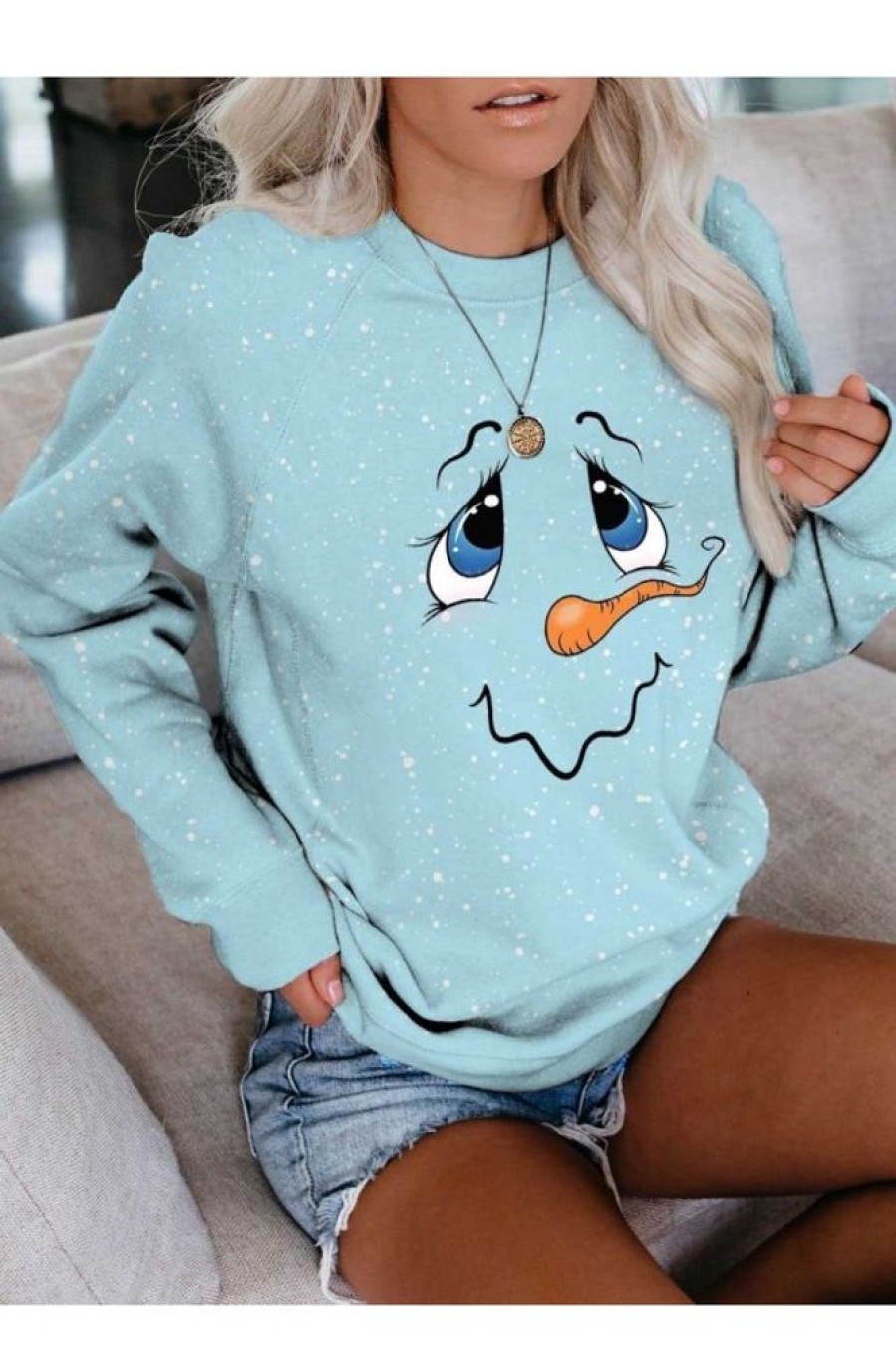 Clothing Azzlee Sweatshirt & Hoodies | Snowman Face Print Long Sleeve Sweatshirt Light Blue