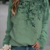 Clothing Azzlee Sweatshirt & Hoodies | Casual Graphic Tops Round Neck Leaves Printed Long Sleeve Sweatshirts Green