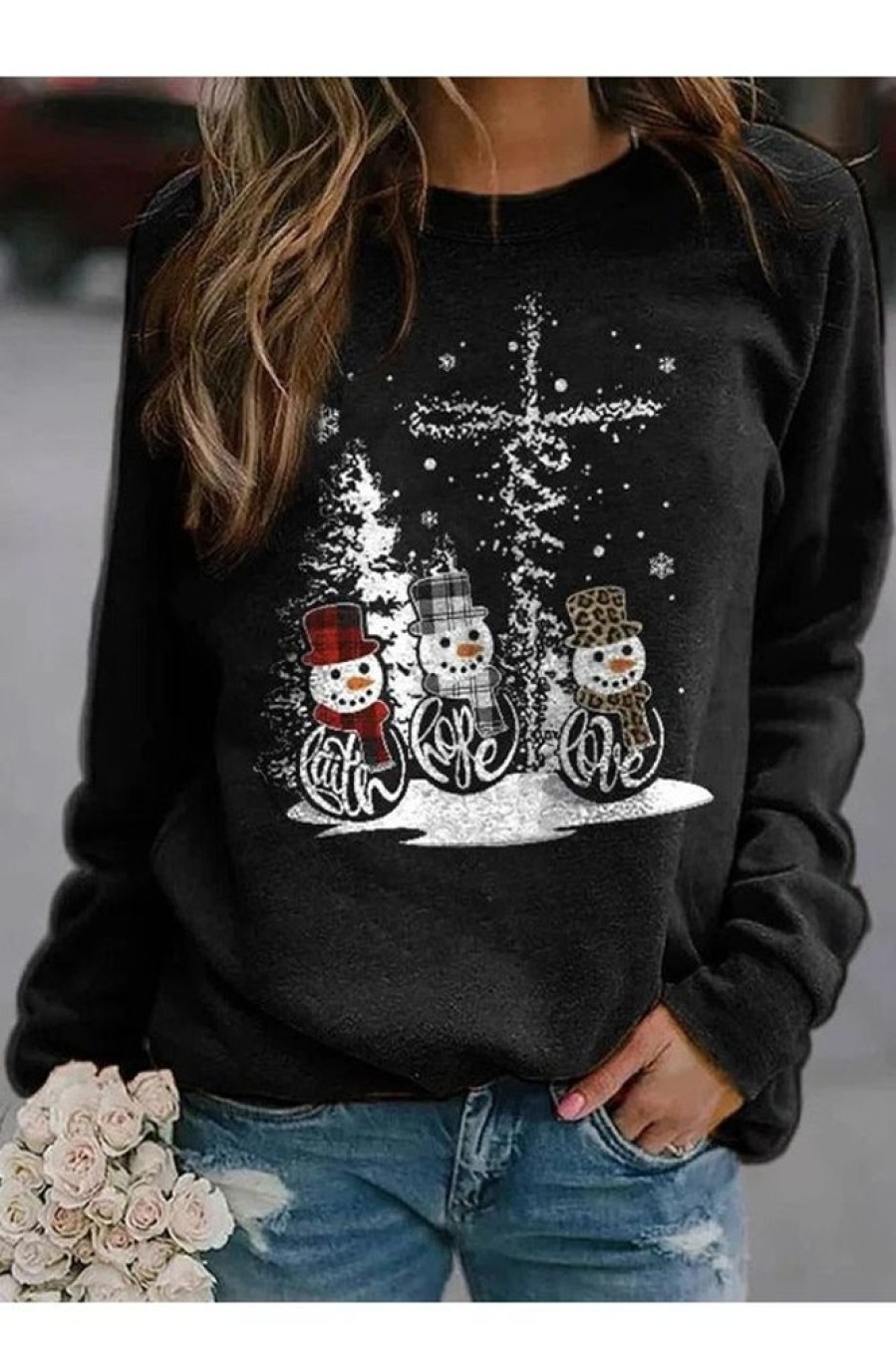 Clothing Azzlee Sweatshirt & Hoodies | Casual Graphic Tops Round Neck Long Sleeve Snowman Printed Xmas Sweatshirts Black