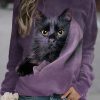 Clothing Azzlee Sweatshirt & Hoodies | Casual Graphic Tops Round Neck Long Sleeve Cat Printed Sweatshirts Purple