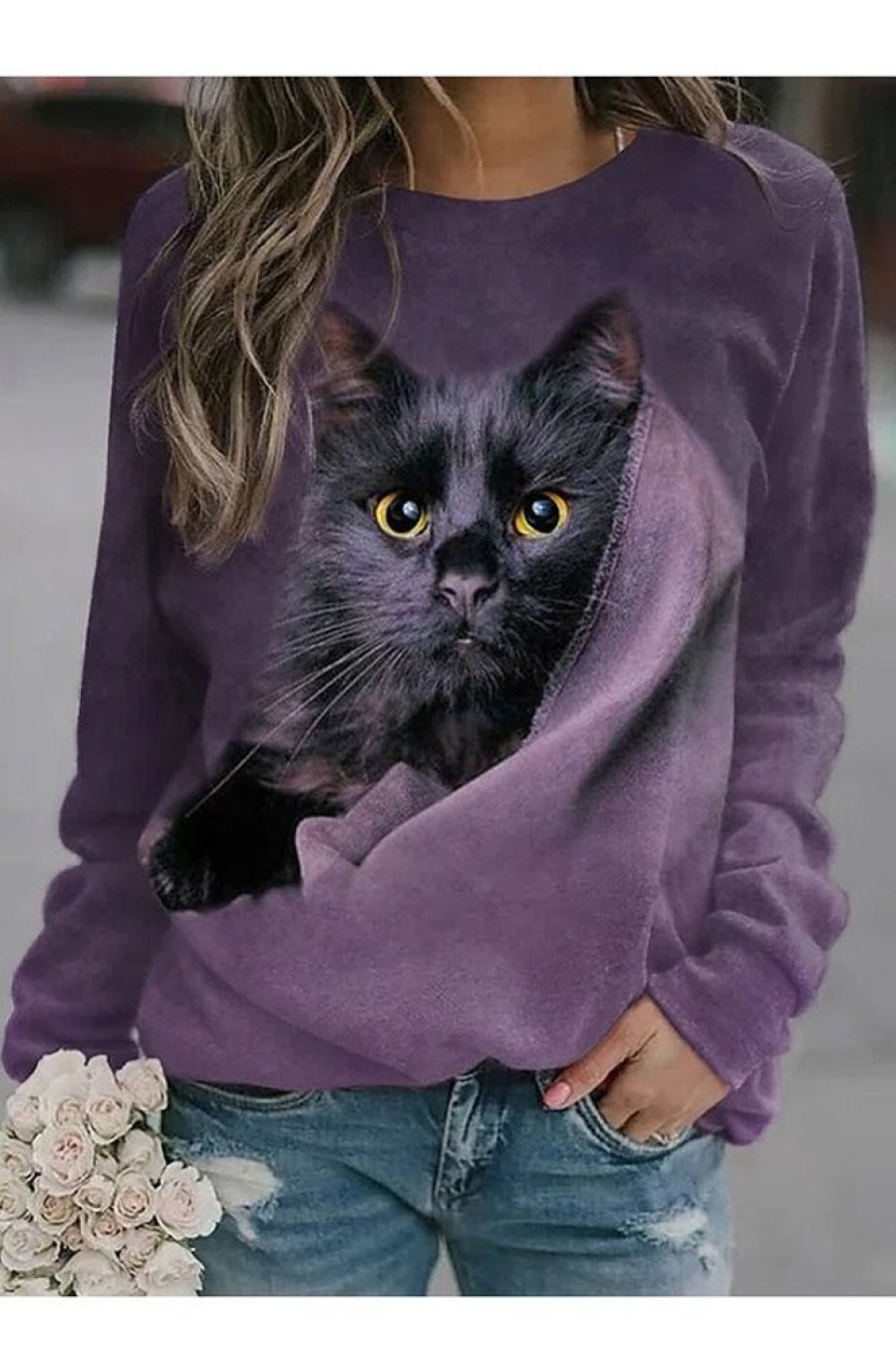 Clothing Azzlee Sweatshirt & Hoodies | Casual Graphic Tops Round Neck Long Sleeve Cat Printed Sweatshirts Purple