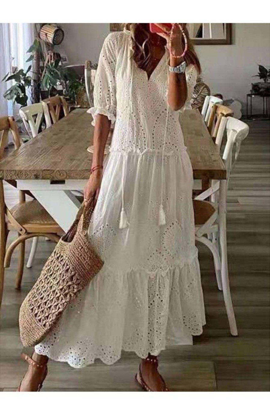 Clothing Azzlee Maxi Dresses | Casual V-Neck Half Sleeve Maxi Dress With Tassel White