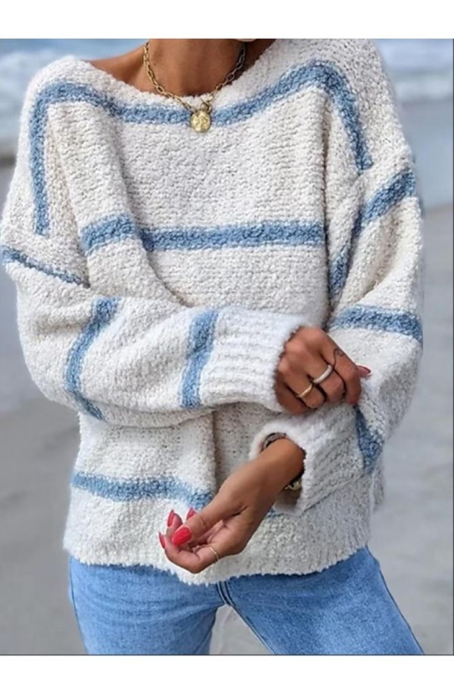 Clothing Azzlee Sweater & Cardigans | Stripe Print Crew Neck Casual Long Sleeve Pullover Sweater Light Blue