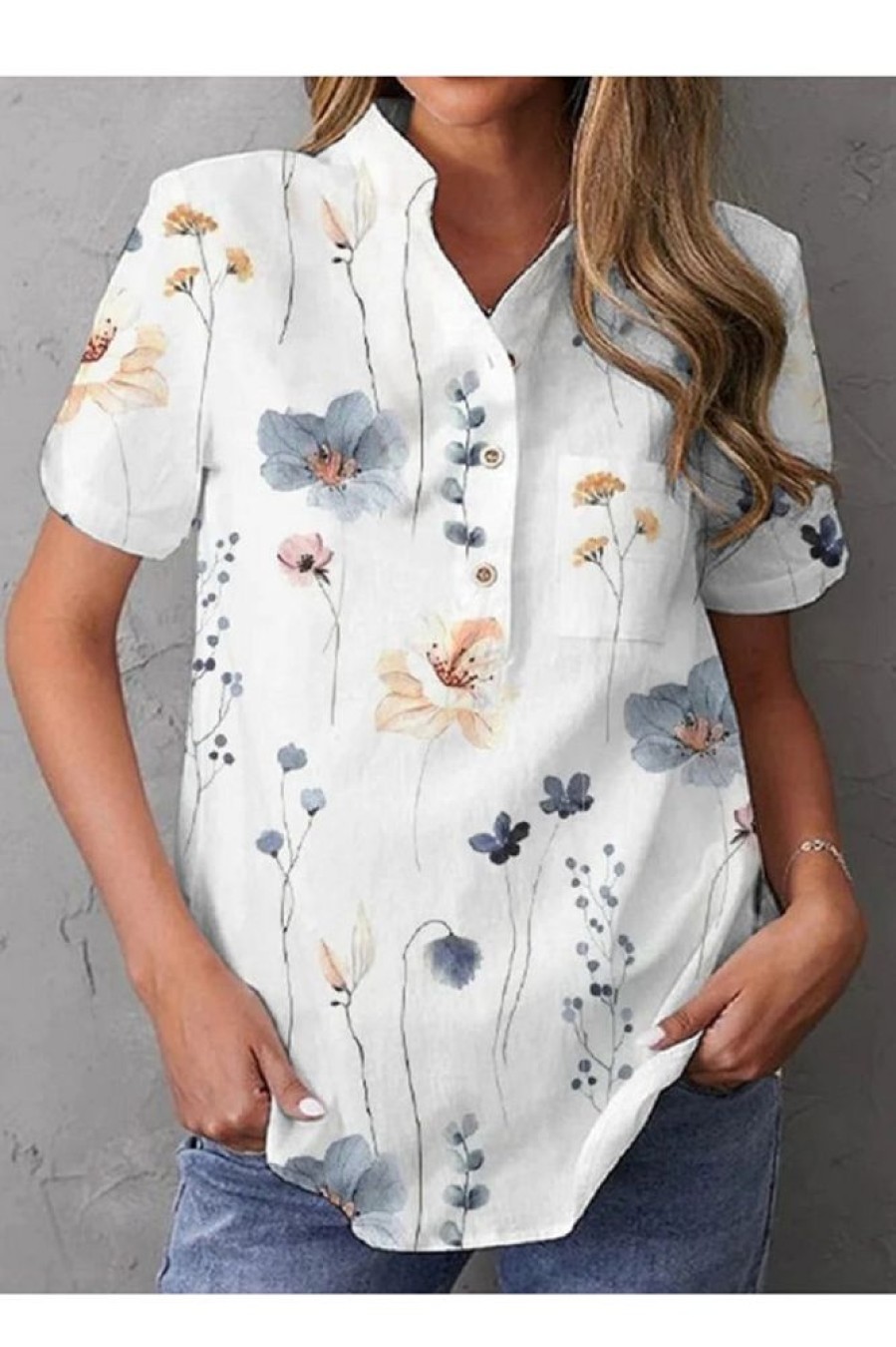 Clothing Azzlee Blouse & Shirts | Casual V Neck Floral Printed Short Sleeve Blouse White