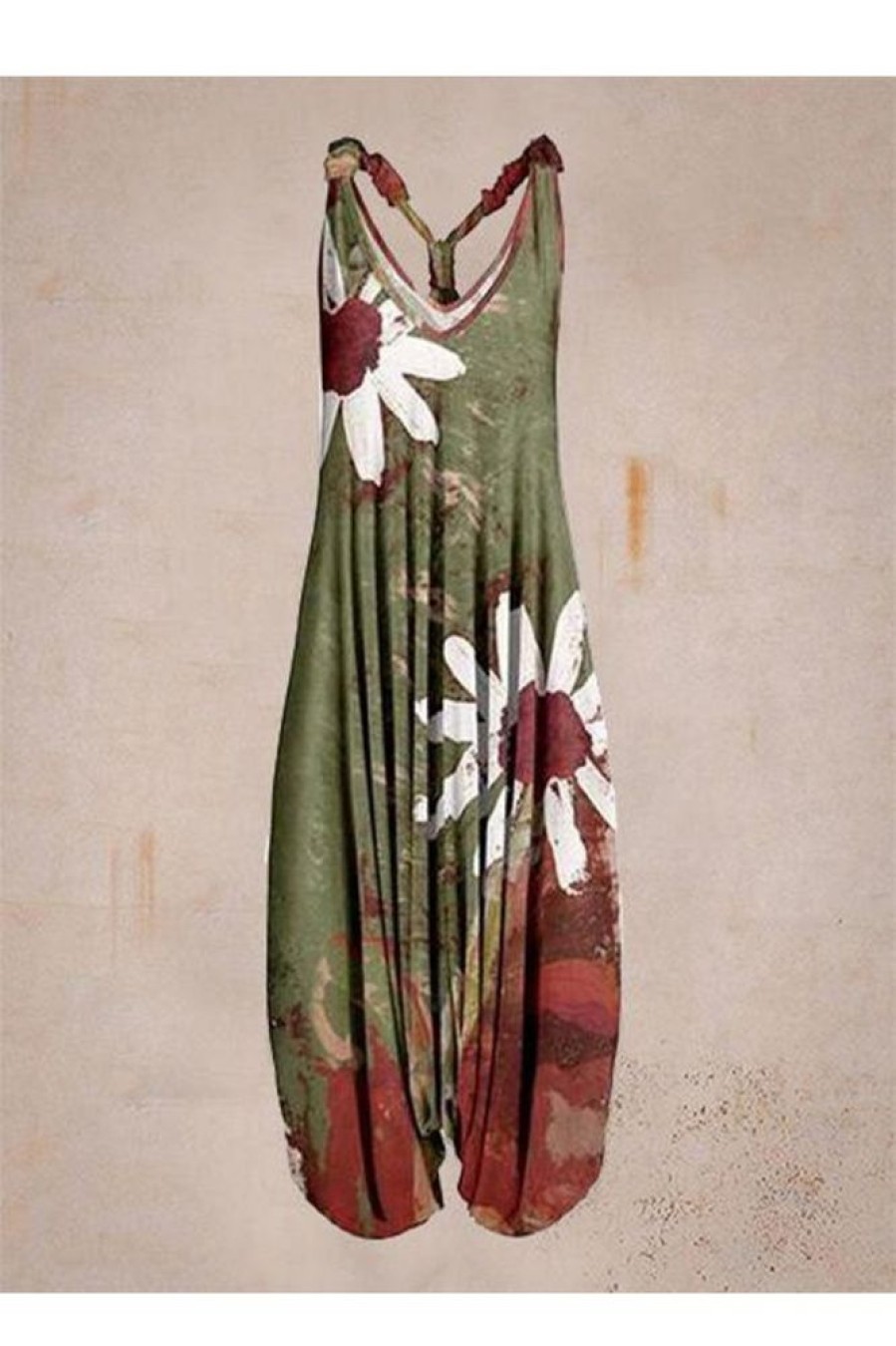 Clothing Azzlee | Casual Floral Printed Loose Sleeveless Jumpsuit Green