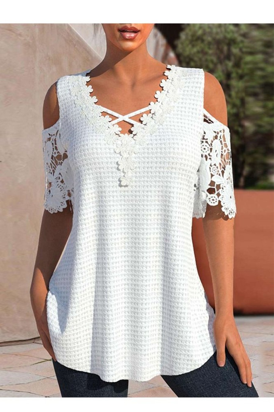 Clothing Azzlee Blouse & Shirts | Casual V Neck Lace Short Sleeve Blouse White