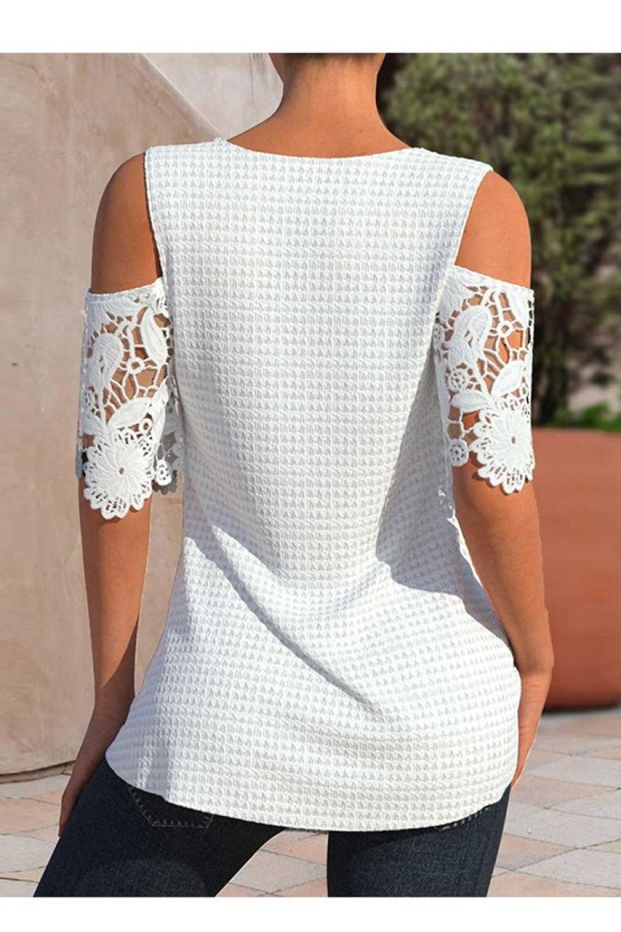 Clothing Azzlee Blouse & Shirts | Casual V Neck Lace Short Sleeve Blouse White