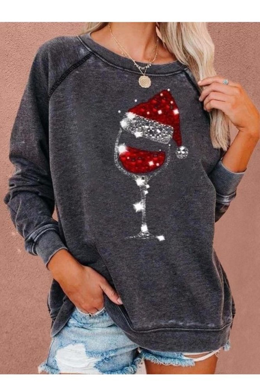 Clothing Azzlee Sweatshirt & Hoodies | Casual Graphic Tops Round Neck Long Sleeve Christmas Wine Glass Printed Sweatshirts Dark Grey