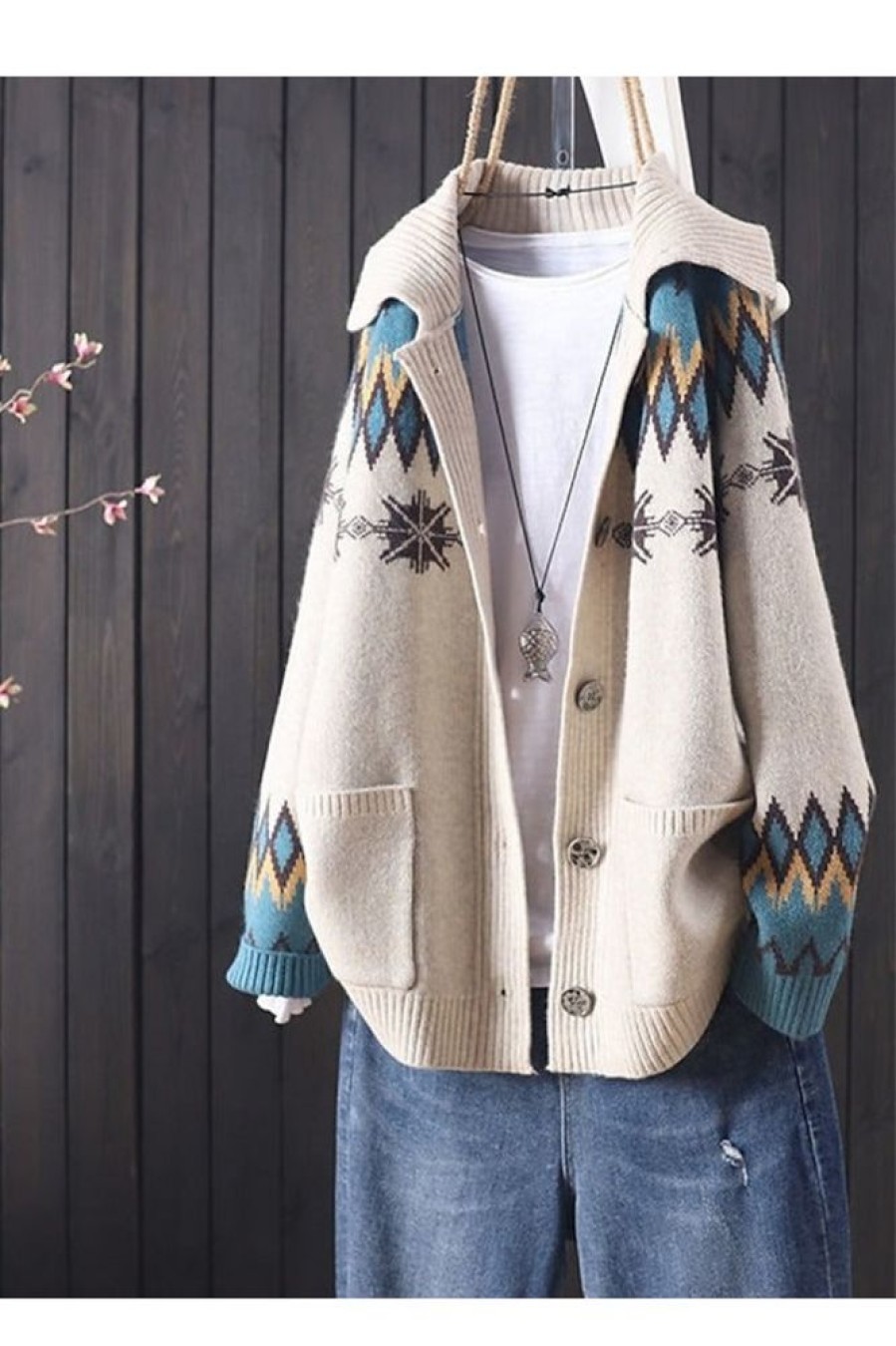 Clothing Azzlee Sweater & Cardigans | Knit Casual Long Sleeve Geometric Pattern Cardigan Sweater Beige