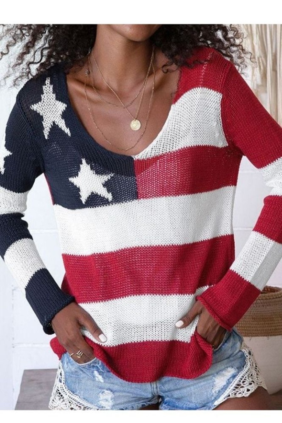 Clothing Azzlee Sweater & Cardigans | Casual Graphic Tops V Neck Long Sleeve Sweater Flag