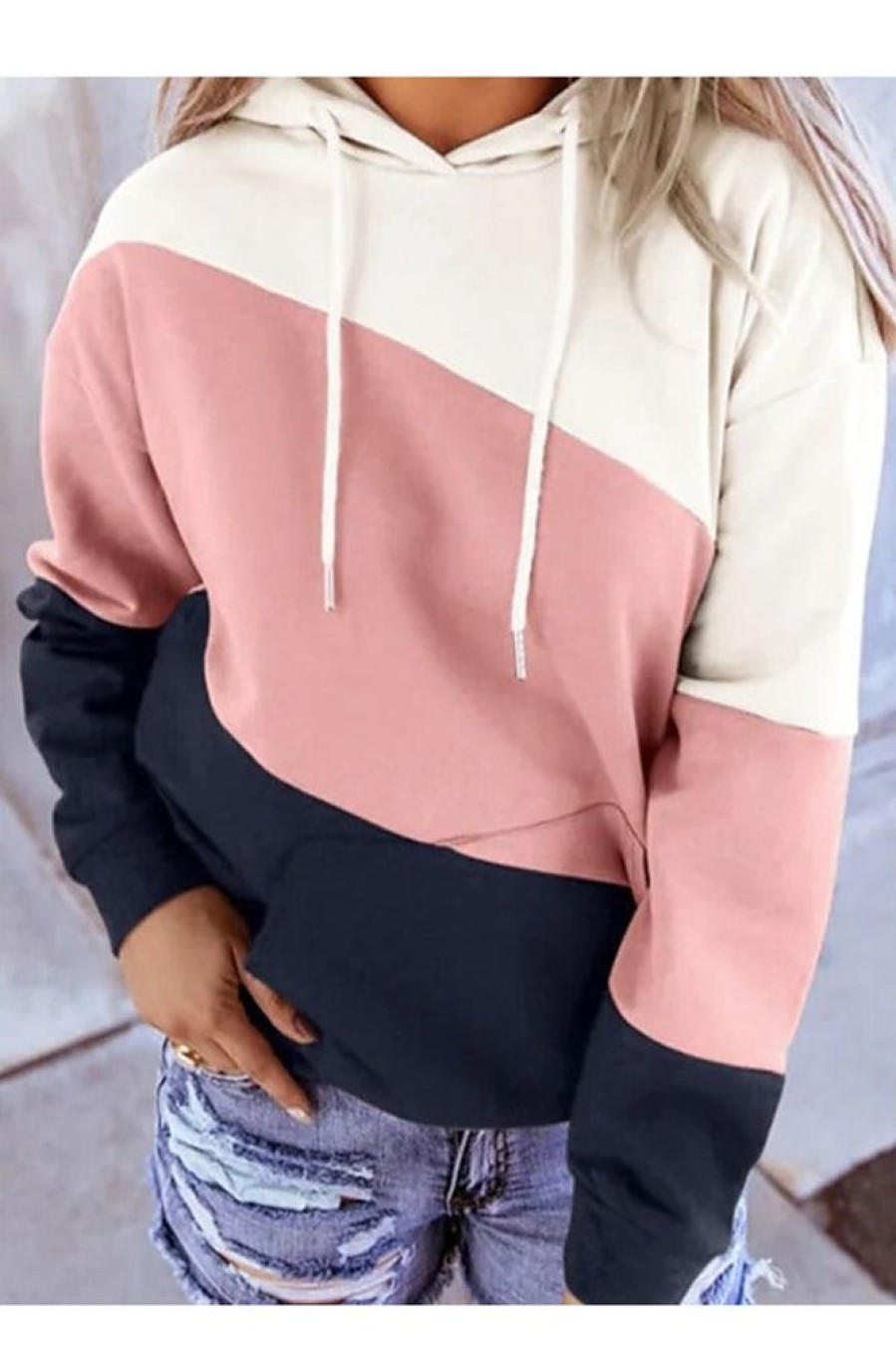 Clothing Azzlee Sweatshirt & Hoodies | Casual Tops Long Sleeve Patchwork Printed Hoodies Pink