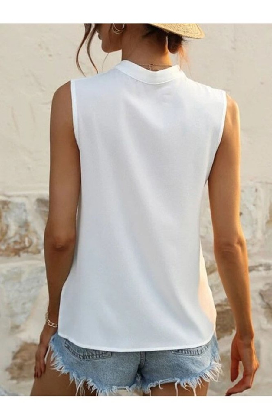 Clothing Azzlee Tanks | Solid Color Stand Collar Tank Tops White