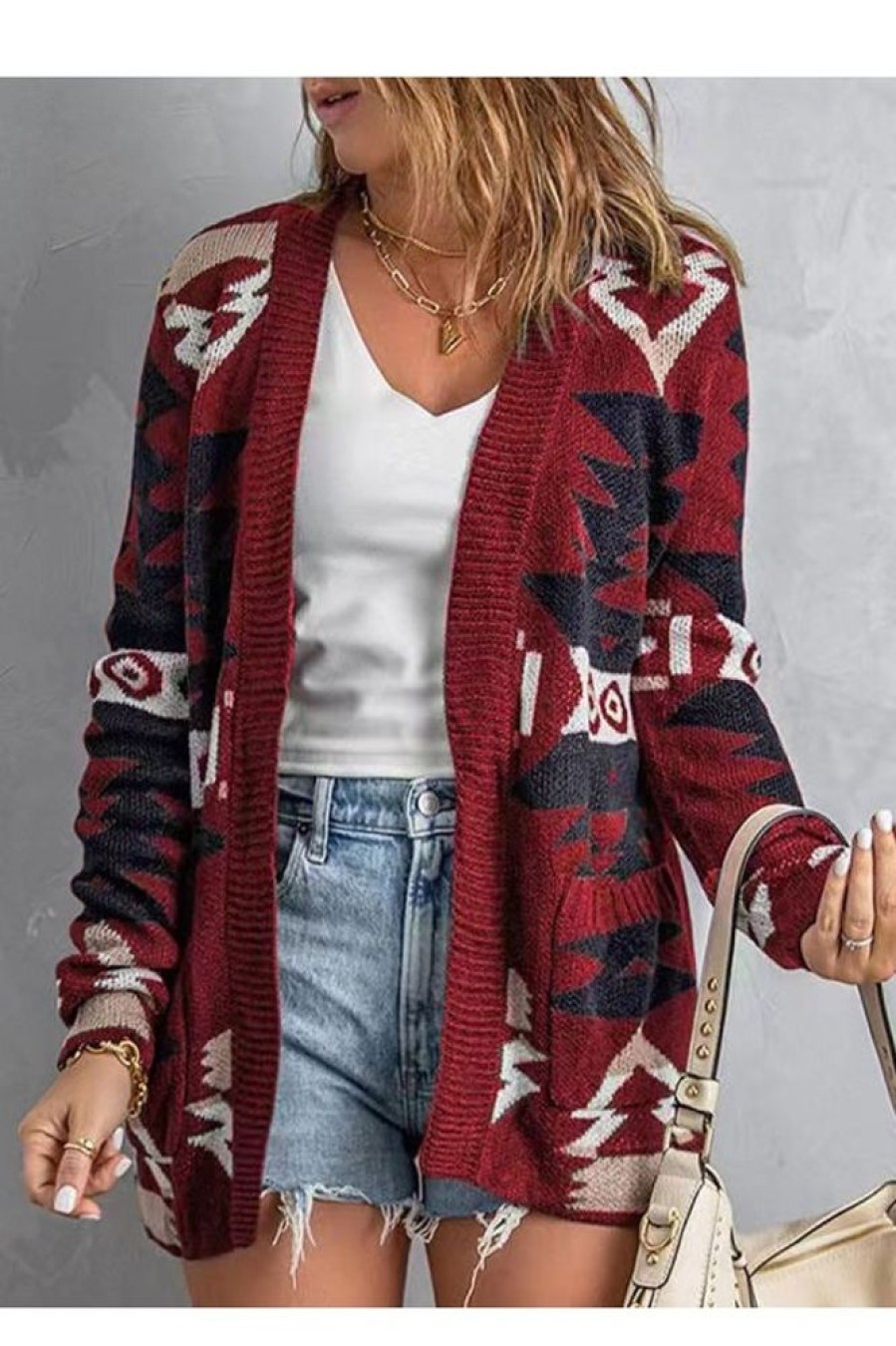 Clothing Azzlee Sweater & Cardigans | Casual Graphic Tops Lapel Long Sleeve Sweater Red