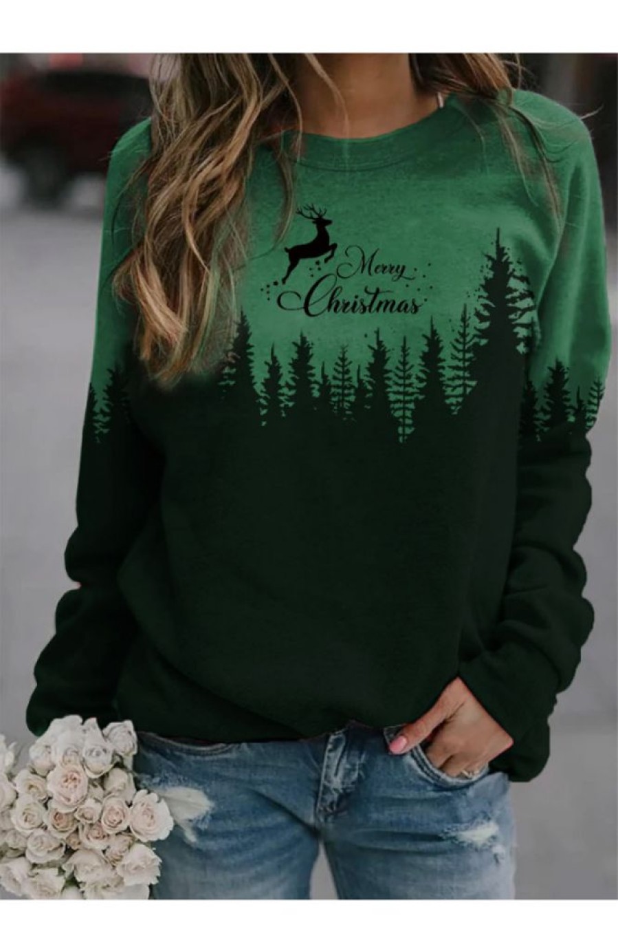 Clothing Azzlee Sweatshirt & Hoodies | Casual Graphic Tops Round Neck Long Sleeve Tree Printed Sweatshirts Green