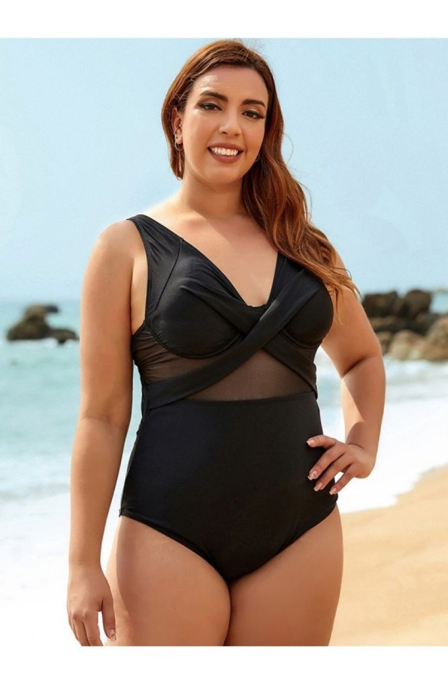 Clothing Azzlee Plus Size | Plus Size Mesh V-Neck One Piece Swimsuit Black