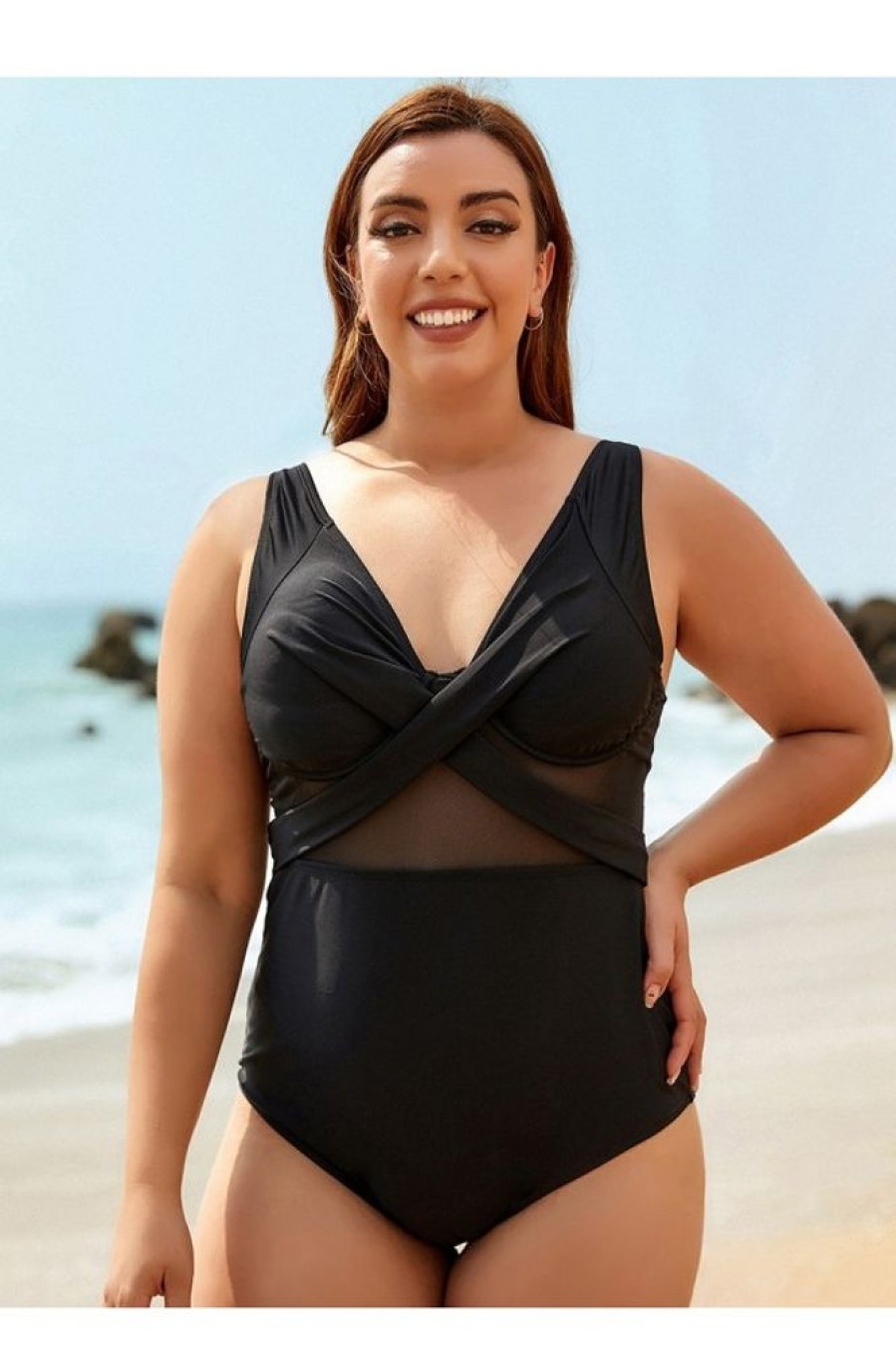 Clothing Azzlee Plus Size | Plus Size Mesh V-Neck One Piece Swimsuit Black