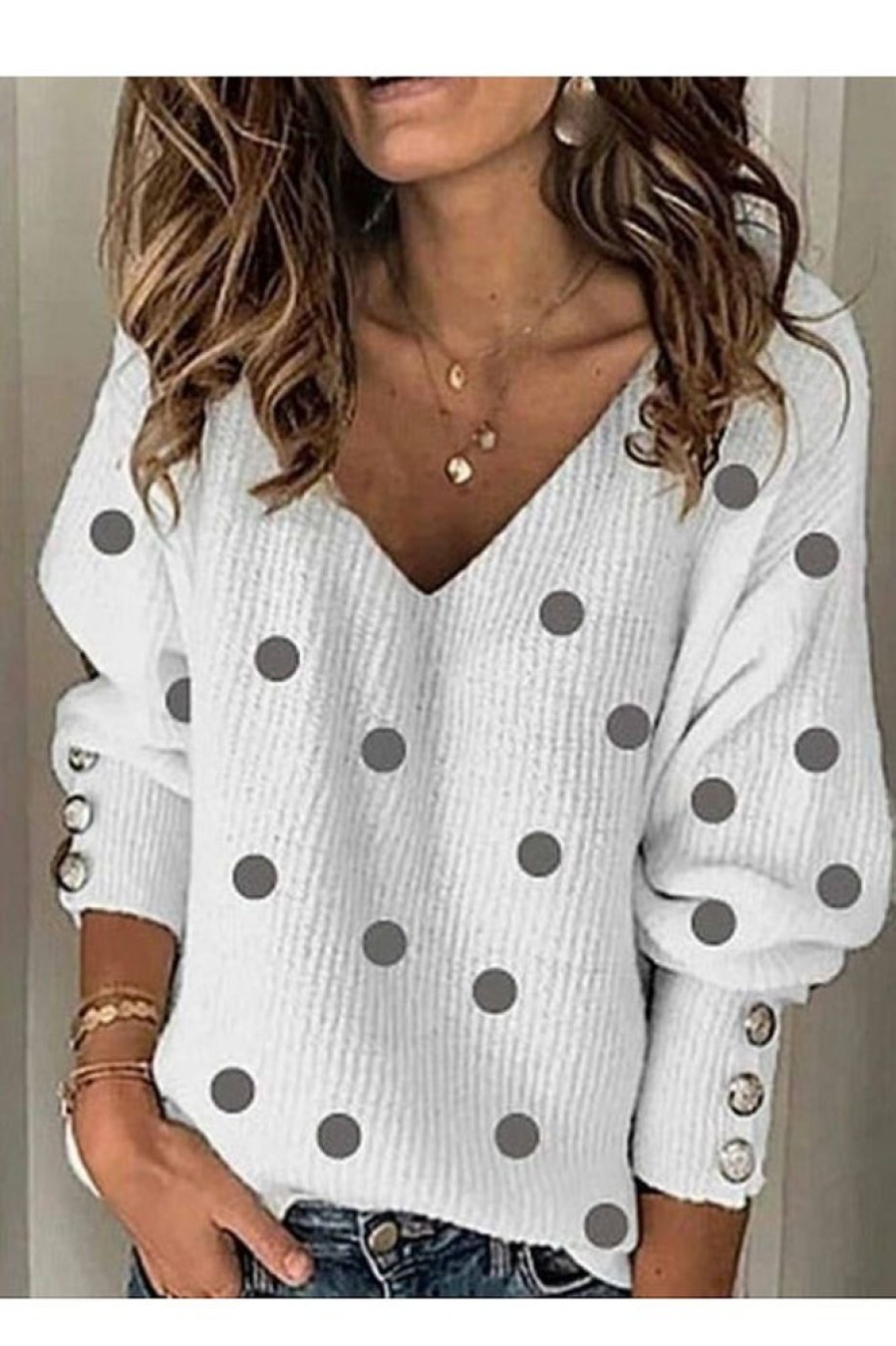 Clothing Azzlee Sweater & Cardigans | Casual Graphic Tops Long Sleeve V Neck Polka Dot Printed Sweater White