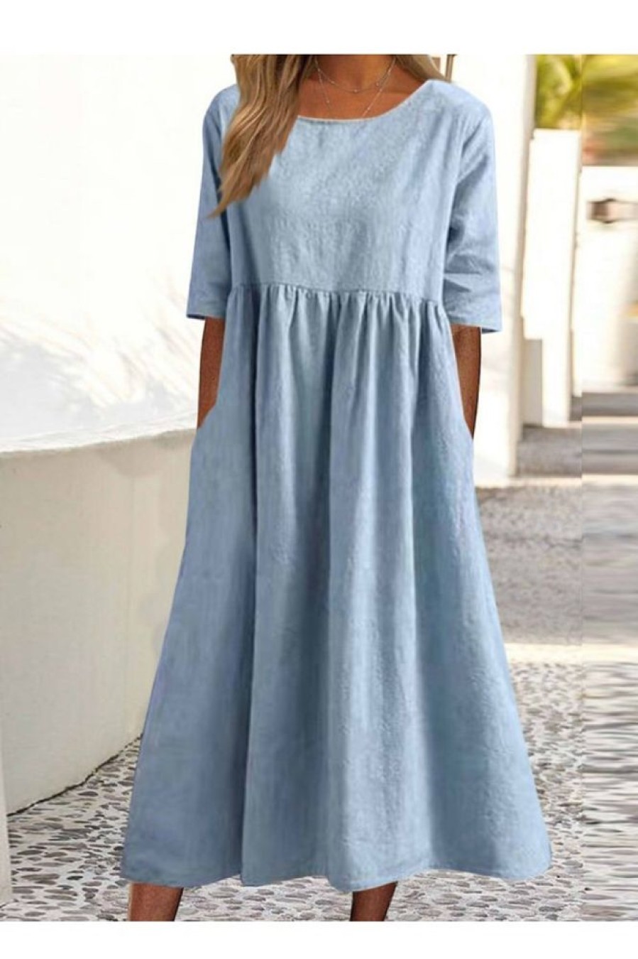 Clothing Azzlee Maxi Dresses | Plain Loose Maxi Dress With Pockets Blue