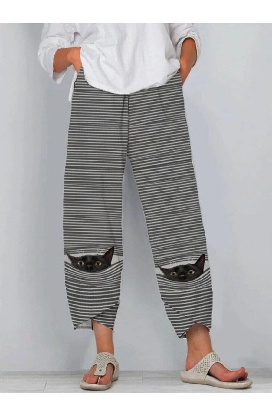 Clothing Azzlee Pants | Stripe Cartoon Cat Print Elastic Waist Pants With Pocket Black