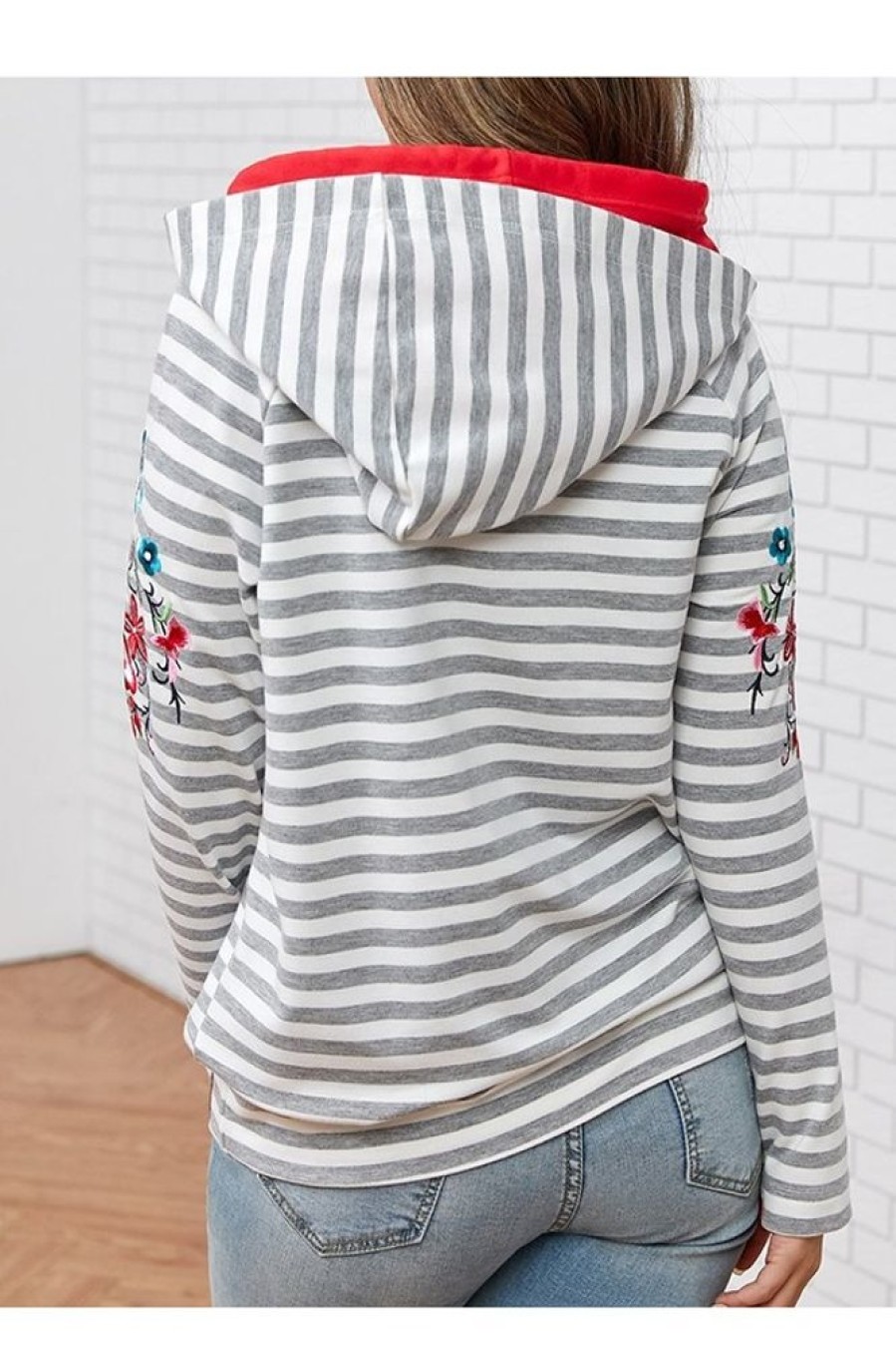 Clothing Azzlee Sweatshirt & Hoodies | Stripe Embroidery Hoodie Sweatshirt Grey